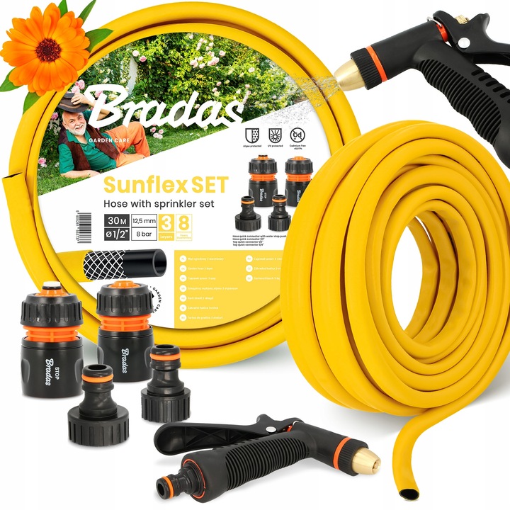 Градински маркуч Bradas 3-слоен 1/2'' 30 м с комплект аксесоари, регулируем пистолет за поливане, жълт