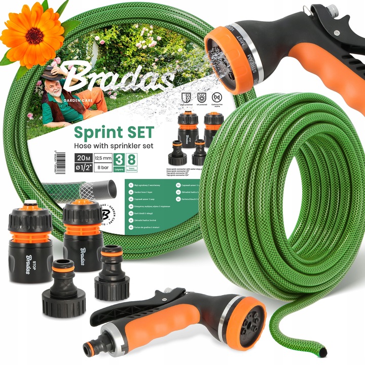 Bradas 3 rétegű kerti tömlő 1/2'' 20 m, 8 funkciós szórópisztollyal, tartozékokkal és csatlakozókkal, zöld