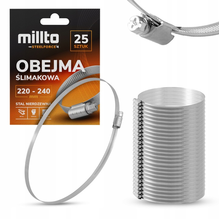 25 db szorító bilincs készlet 220-240 mm, Millto, rozsdamentes acél, ezüst