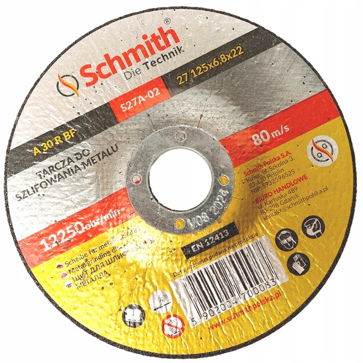 Fém csiszolótárcsa, Schmith, 125x6,8mm, 10 darabos készlet, elektrokorund anyag, 12250 ford./perc