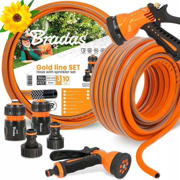 Градински маркуч Bradas 1/2" 50 м, 3-слоен, оранжев, комплект с пистолет за поливане със 7 функции и аксесоари
