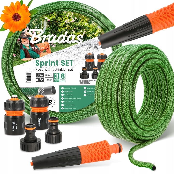 Bradas Economic 3 rétegű kerti tömlő 1/2'' 30 m tartozékkészlettel, zöld/fekete színben