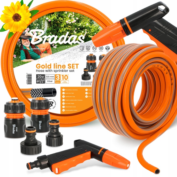 Градински маркуч Bradas 3-слоен Pomarandz 1/2" 20 м с комплект конектори и регулируем пистолет за поливане