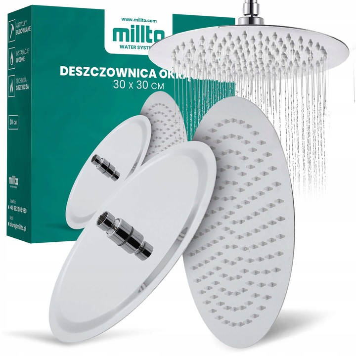 Millto zuhanyoszlop, kerek esőztető zuhanyfej 30 cm, króm, 70 fúvóka, komplett szett