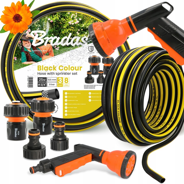 Градински маркуч Bradas 3/4'' 25 м, комплект с пистолет за поливане със 7 функции, бързи връзки, 3 слоя, черен