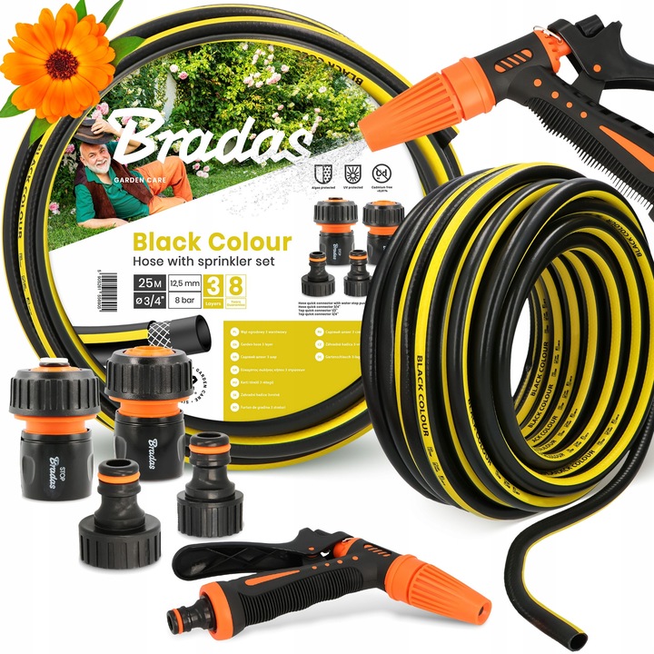 Градински маркуч Bradas 3/4'' 25 м, 3 слоя, комплект с аксесоари и пистолет за поливане, черен