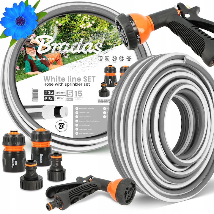 Градински маркуч Bradas 5-слоен 1/2'' 20 м с комплект бързи конектори и пистолет за вода със 7 функции, сив/черен