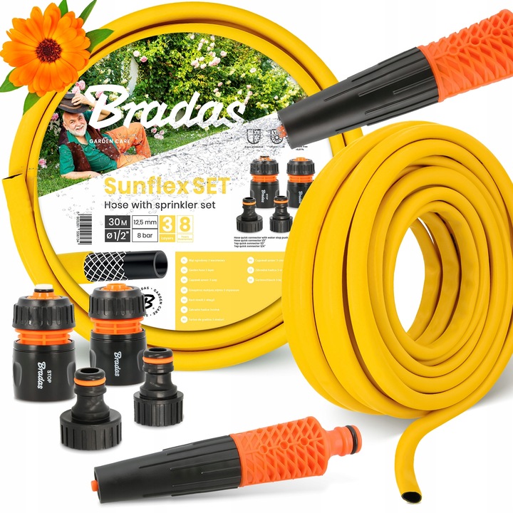 Bradas Economic 3 rétegű kerti tömlő 1/2'' 30 m tartozékkészlettel, sárga színű