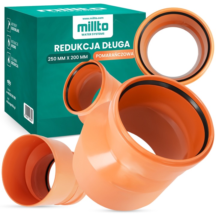 Millto 250x200mm csatornázott szűkítő, polipropilén, narancssárga, könnyű szerelés