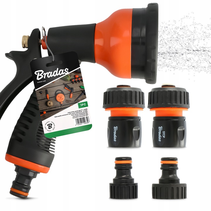 Bradas locsolópisztoly, 9 funkciós, fém, fekete, 1/2'' és 3/4'' adapterkészlettel