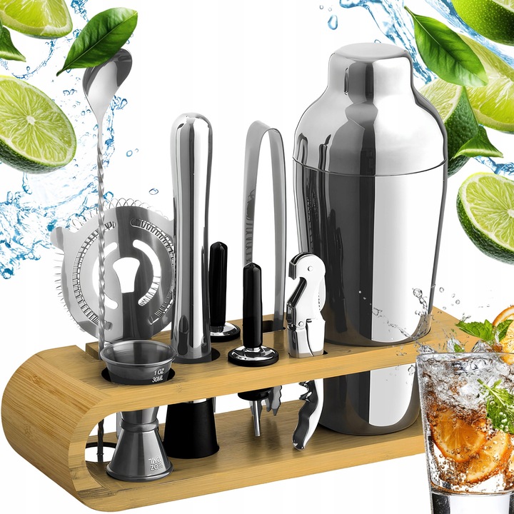 Bármixer szett 10 darabos, Renew Force, shaker 550 ml, bambusz tartó, rozsdamentes acél, ezüst/barna