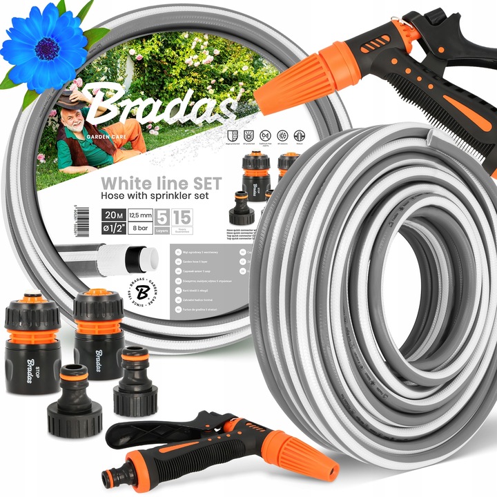 Градински маркуч Bradas 5-слоен, 1/2'', 20 м, комплект с бързи връзки и регулируем пистолет за поливане, сив/черен