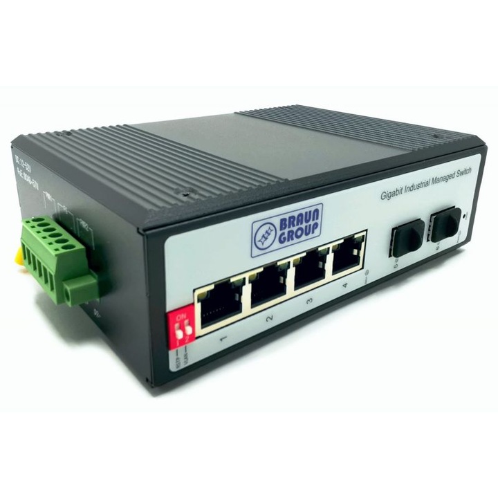 Switch industrial Layer 2 gestionabil, Braun Group, Gigabit, 4 porturi RJ45, negru, 144x104, 5x47, 5mm