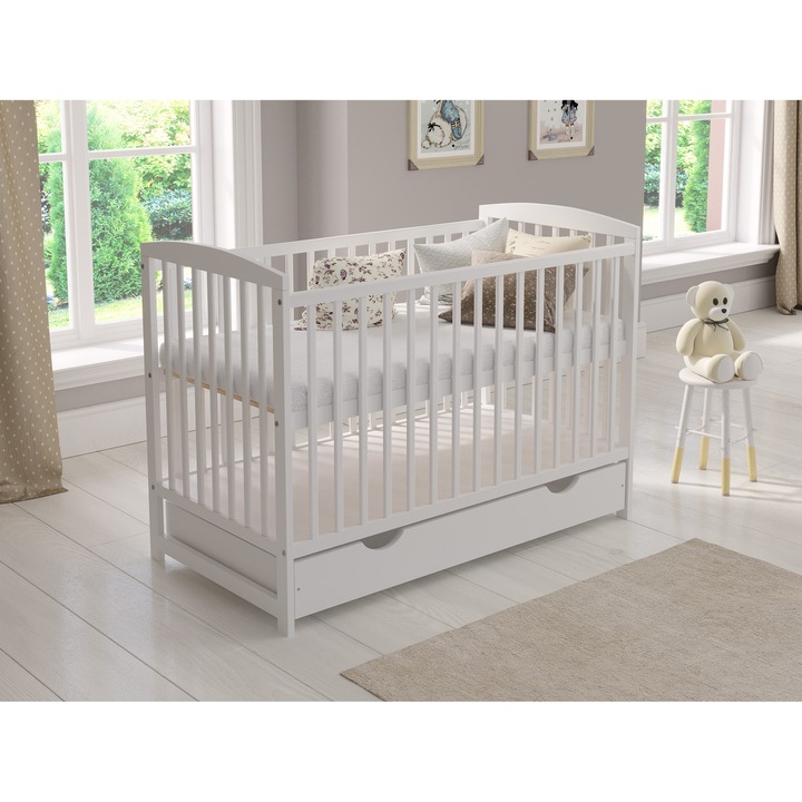 Love For Sleep Patut pentru bebelusi, patut auxiliar 120x60 cm cu saltea din spuma, alb, Jacob – Patut pentru copii, patut pentru bebelusi, patut cu bare reglabile