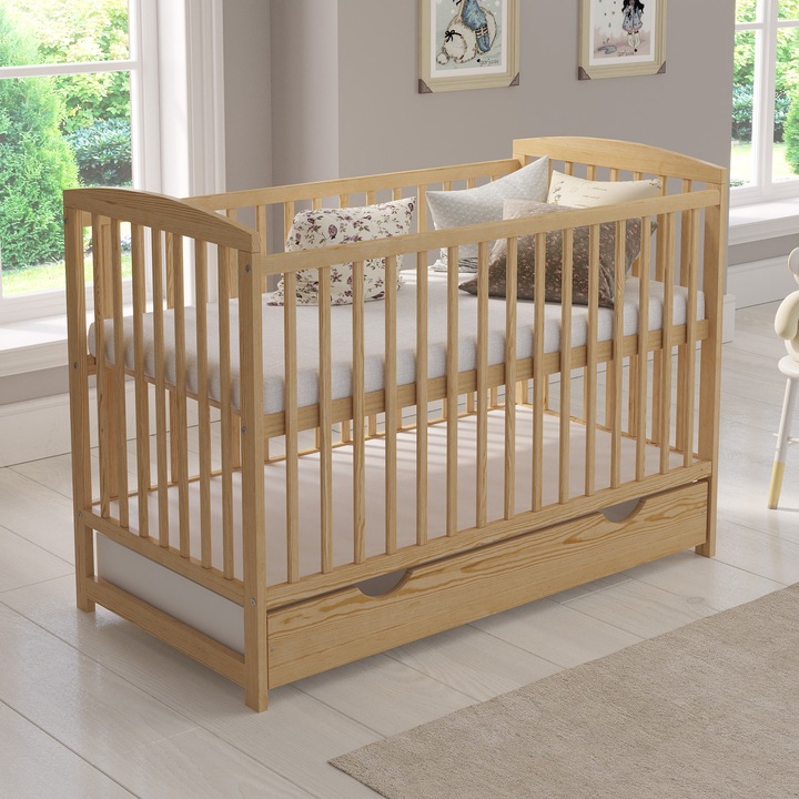 Patut Love For Sleep, patut auxiliar 120x60 cm, cu saltea din spuma, din lemn de pin, model Jacob – patut pentru copii, patut adaptabil, patut cu bare de protectie