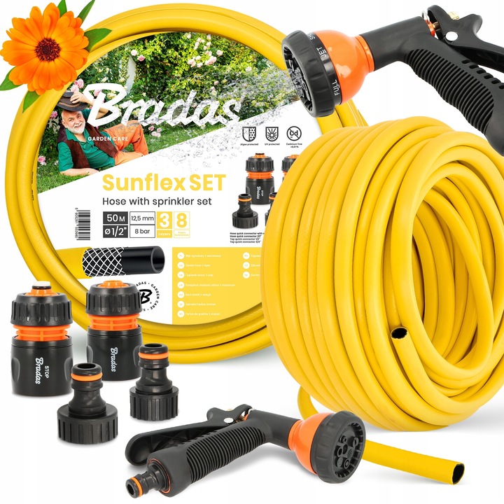 Градински маркуч Bradas Economic 3-слоен 1/2'' 50 м, комплект с пистолет със 7 функции, бързи аксесоари, жълт
