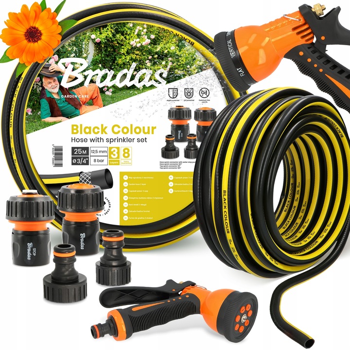 Градински маркуч Bradas 3/4'' 25 м, 3 слоя, комплект с аксесоари и пистолет за вода със 7 функции, черен