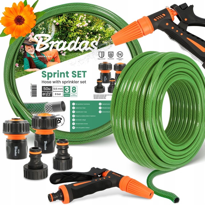 Bradas kerti tömlő 3/4'' 50 m, kiegészítő szettel, zöld, 3 rétegű