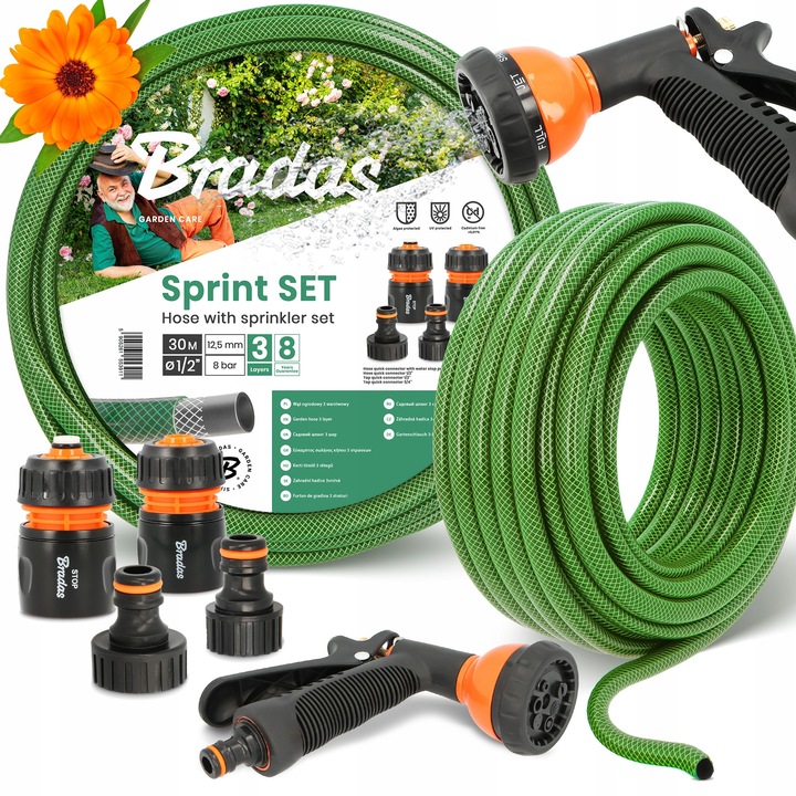 Bradas Economic 3 rétegű kerti tömlő 1/2'' 30 m, 7 funkciós szórópisztollyal és tartozékokkal, zöld