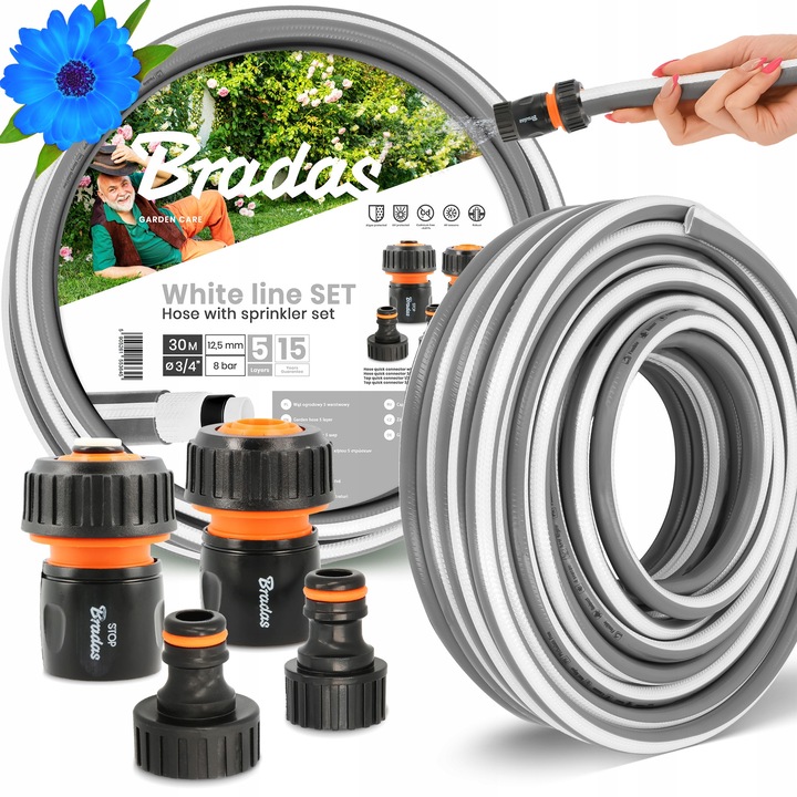 Bradas 5 rétegű kerti tömlő, 3/4'', 30 m, szürke, 3/4'' gyorscsatlakozókkal és 1/2'' és 3/4'' adapterekkel