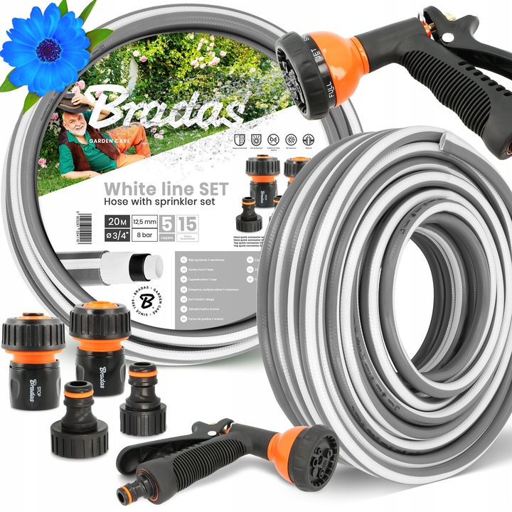 Градински маркуч Bradas 5-слоен 3/4'' 20 м с пистолет за поливане със 7 функции и аксесоари, сив