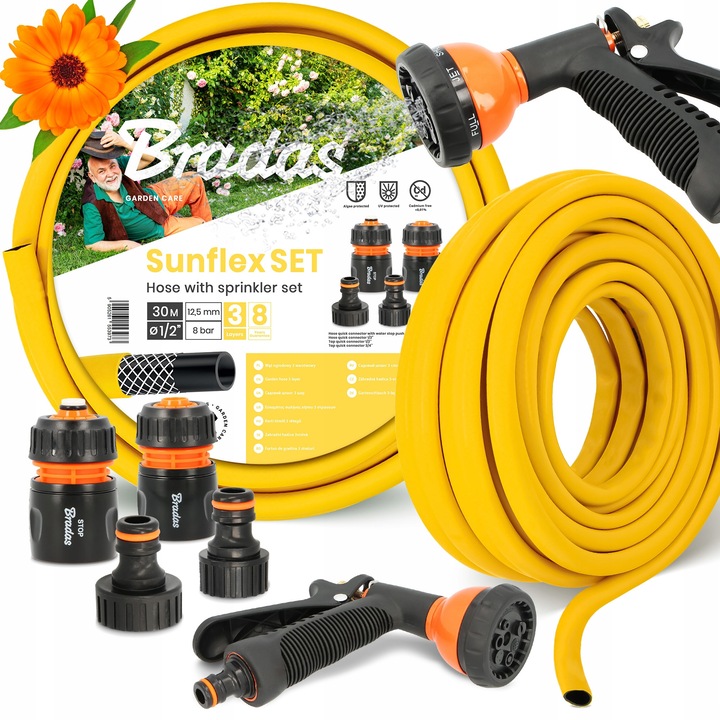 Bradas Economic 3 rétegű kerti tömlő 1/2'' 30 m, 7 funkciós öntözőpisztoly szettel, gyorscsatlakozókkal, sárga