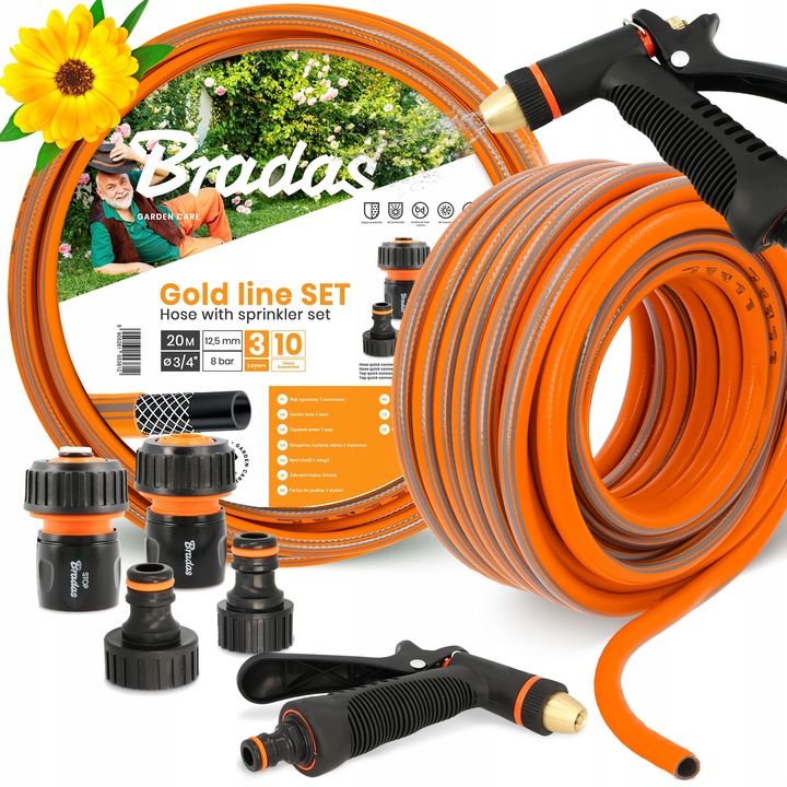 Градински маркуч Bradas 3/4" 20 м 3-слоен с комплект конектори и регулируем пистолет за поливане, оранжев/черен