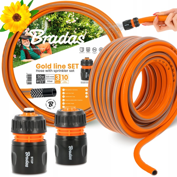 Градински маркуч Bradas Standard 3-слоен, 1/2", 50 м, оранжев, с бързи конектори, UV устойчив