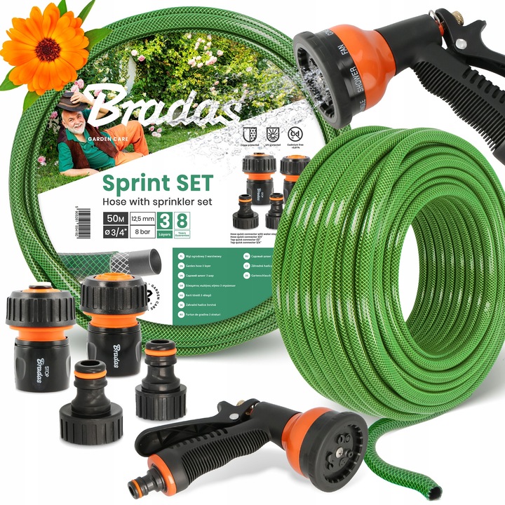Градински маркуч Bradas Economic 3/4'' 50 м, 3 слоя, комплект с аксесоари и пистолет за поливане с 9 функции, зелен