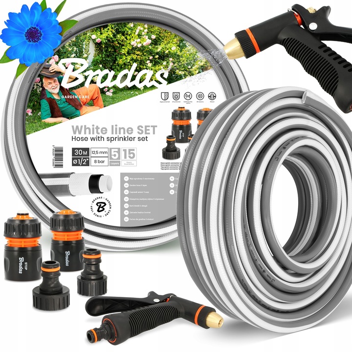 Градински маркуч Bradas 5-слоен 1/2'' 30 м с комплект бързи връзки и метален черен пистолет за поливане
