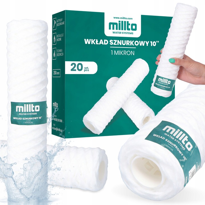 Vízszűrő, Millto, 10''-os zsinóros betét, 1 mikron, 20 darab, 55x255mm