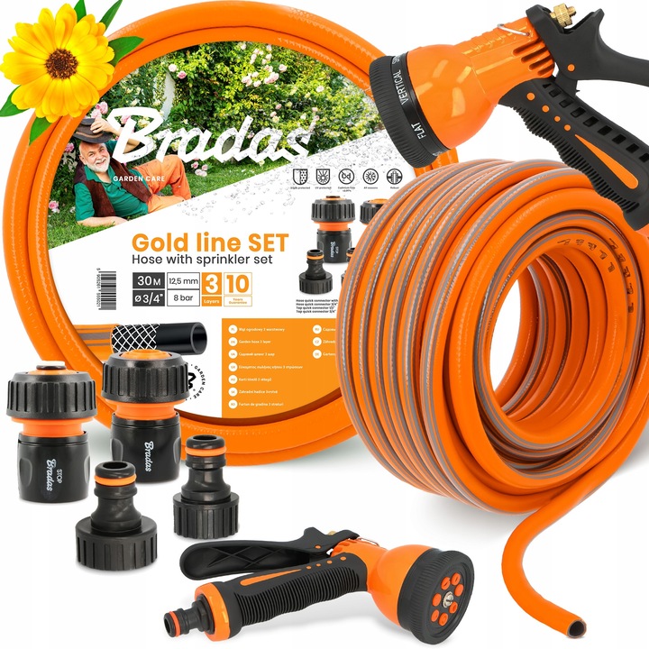 Градински маркуч Bradas Standard 3/4" 30 м, комплект със 7 функции, ергономични дръжки, оранжево/черно