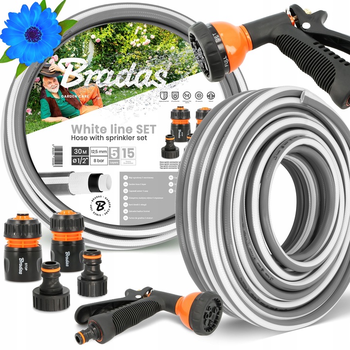 Градински маркуч Bradas 5-слоен 1/2'' 30 м с комплект бързи конектори и пистолет за поливане със 7 функции, сив/черен