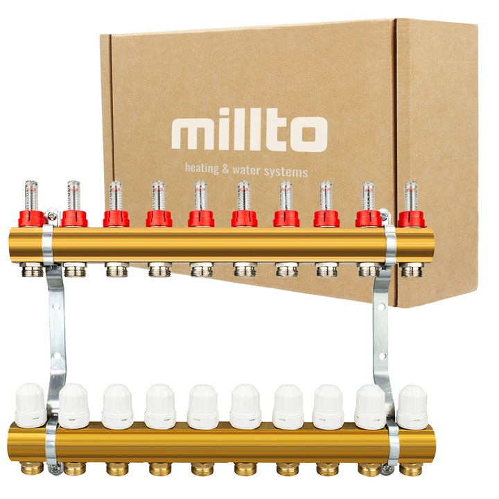 Millto padlófűtés elosztó, 10 körös, 450mm, rotaméterekkel, sárgarézből, rozsdamentes acélból