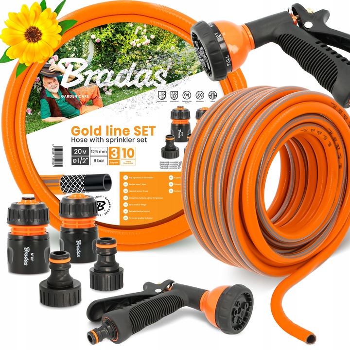 Градински маркуч Bradas 3-слоен 1/2" 20 м с комплект аксесоари и пистолет за поливане със 7 функции, оранжев/черен