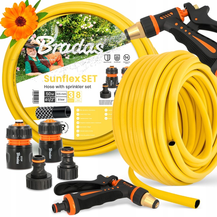Градински маркуч Bradas Economic 3-слоен 1/2'' 50 м с комплект бързи връзки и регулируем пистолет за поливане, жълт