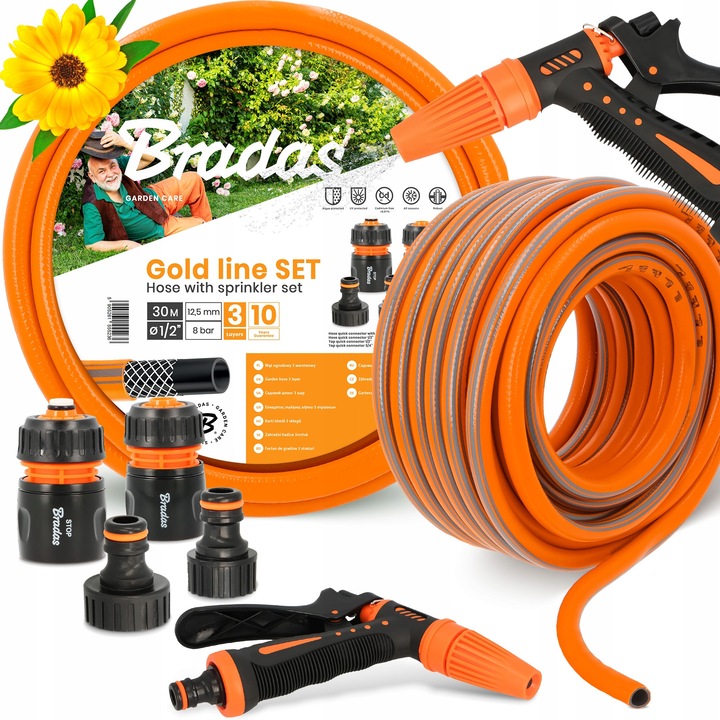 Градински маркуч Bradas 3-слоен 1/2" 30 м с комплект аксесоари, оранжев/черен