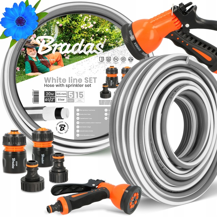 Градински маркуч Bradas 5-слоен, 1/2'', 20 м, комплект с пистолет за поливане с 8 функции, бързи аксесоари, сив/черен