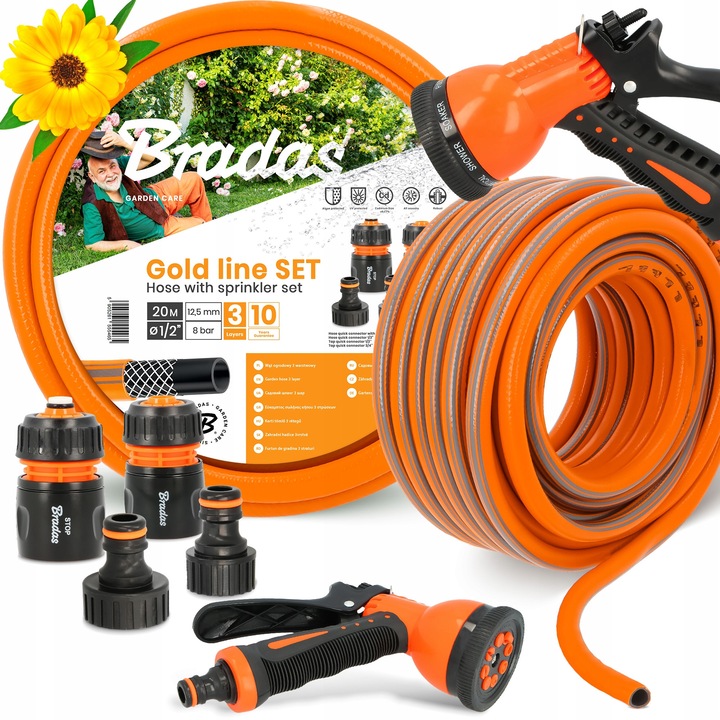 Градински маркуч Bradas 3-слоен Pomarandz 1/2" 20 м с комплект бързи връзки и пистолет за поливане с 8 функции