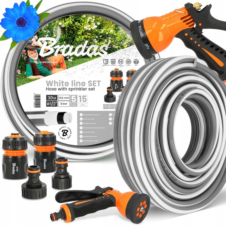 Градински маркуч Bradas 5-слоен 1/2'' 30 м с комплект конектори и пистолет за вода със 7 функции, сив