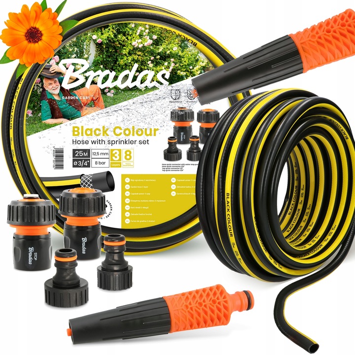Градински маркуч Bradas 3/4'' 25 м 3-слоен с комплект аксесоари и регулируем накрайник, черен