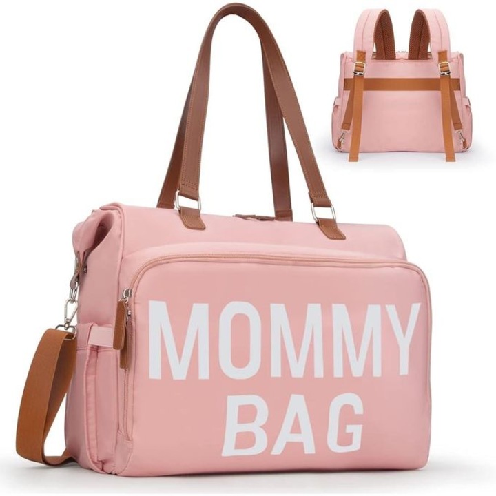 Geantă de voiaj tip rucsac Mommy Bag, roz cu detalii maro, material rezistent la apă, 40x38x18cm
