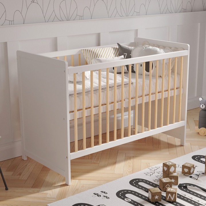 Patut Love For Sleep, patut auxiliar 120x60 cm cu bariera de siguranta, transformabil, alb-pin, Tokyo, patut pentru copii, patut din lemn – patut pentru copii, patut adaptabil, patut cu grilaj