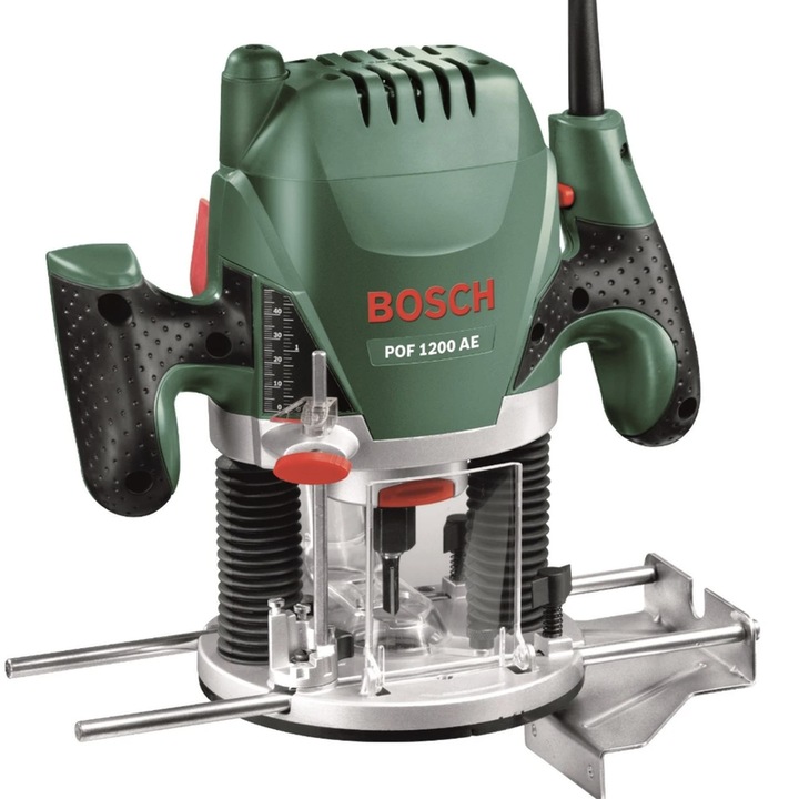 Elektromos felsőmaró, Bosch POF, 1200 W, 28000 ford./perc, 55 mm, 230 V hálózati tápellátás, 106 dB, 3.4 kg, átlátszó védőburkolattal és tartozékbefogó rendszerrel, softgrip, ergonomikus kialakítás