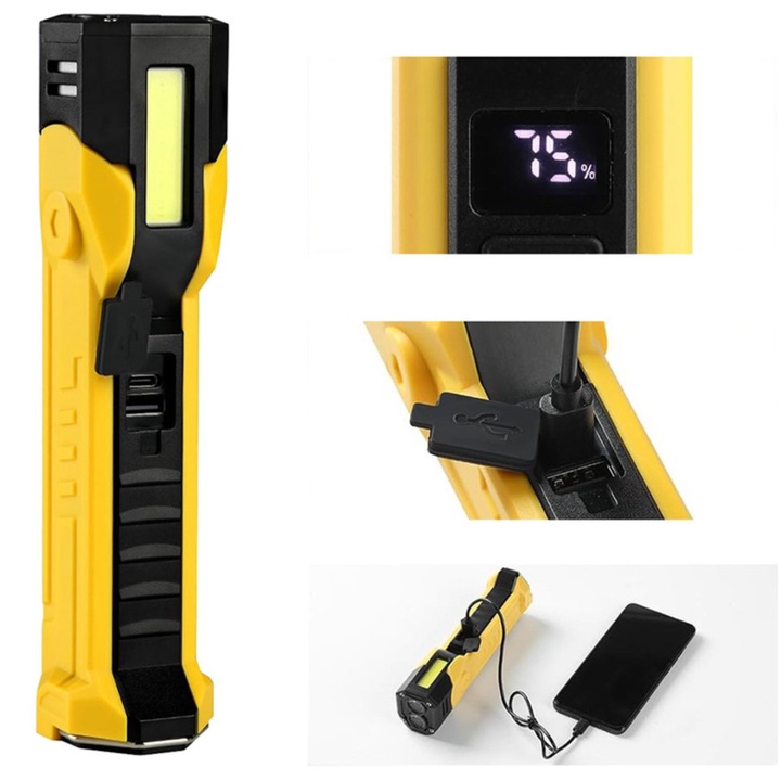 Lanterna LED atelier VarioShop® reincarcabila COB galben-negru, cu magnet si carlig, functie powerbank, USB-C, 7 moduri iluminare, lampa lucru multifunctionala portabila