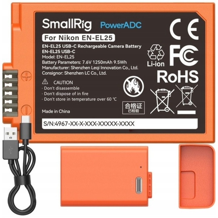Acumulator EN-EL25 USB-C cu cablu pentru aparate foto Nikon Z30, Z50, ZFC, 1250 mAh, portocalie