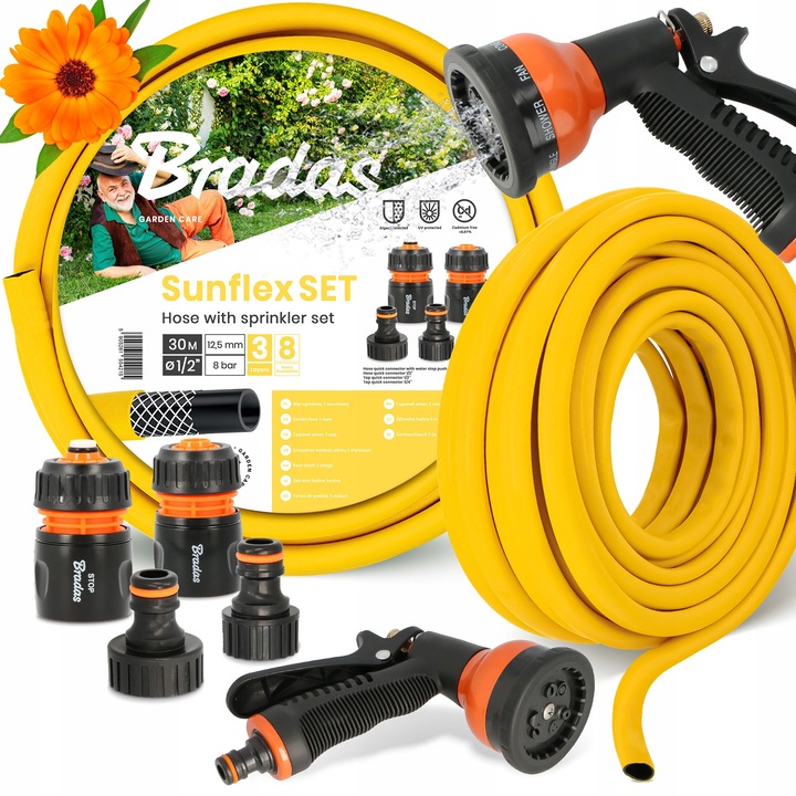 Bradas Economic 3 rétegű kerti tömlő 1/2'' 30 m, 9 funkciós készlettel és tartozékokkal, sárga