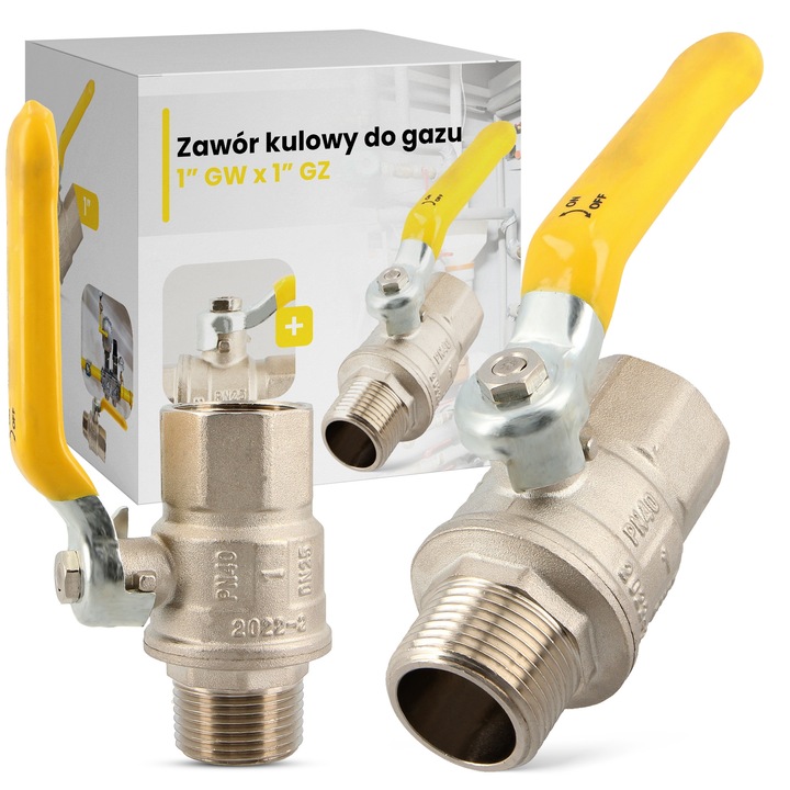Gázcsap 1'' KM x 1'' BM, sárgaréz, hőálló -20C és +60C között, magasság 80mm, hosszúság 160mm, EN 331 tanúsítvánnyal