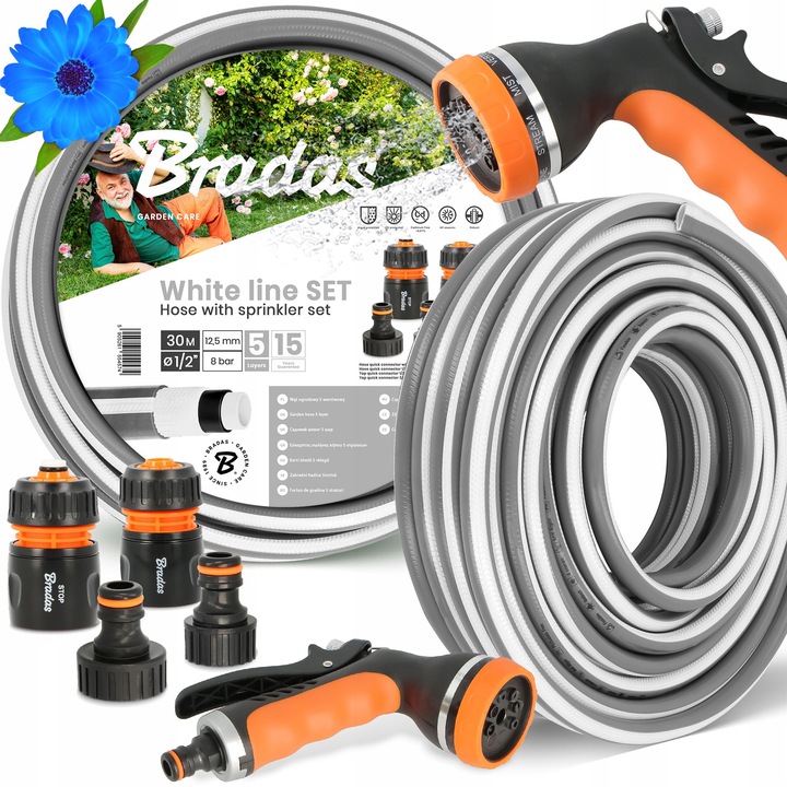 Градински маркуч Bradas 5-слоен, 1/2'', 30 м, комплект с бързи връзки и пистолет за поливане с 8 функции, сив/черен