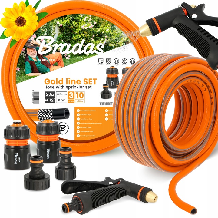 Bradas 3 rétegű kerti tömlő 1/2" 20 m, szett tartozékokkal, narancs/fekete